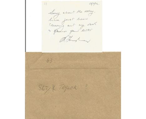 WW2 Sgt. K Taylor Handwritten, Hand signed note on a piece of paper. Note states apologies for the delay as Taylor has only j