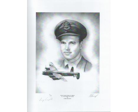 WW2 Harry Harrison Printed pencil drawing showing Wing Commander Guy Gibson VC DSO and Bar DFC and Bar. Signed by Battle of B