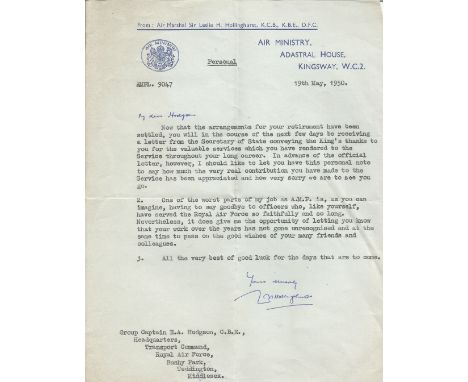 WW2 A Letter From Air Marshal Sir Leslie H Hollinghurst K. C. B, K. B. E, D. F. C. To Group Captain E. A Hodgson C. B. E rega