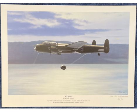 WW2 Artist Robert Tomlin 17x13 colour print Titled Gibson. Print shows Guy Gibson in his specially modified Avro Lancaster Ma