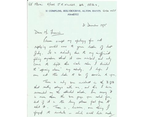 WW2 Sgt. J R Kilner Battle of Britain Pilot Hand signed, Handwritten Letter Dated 31st December 1975, letter gives reference 