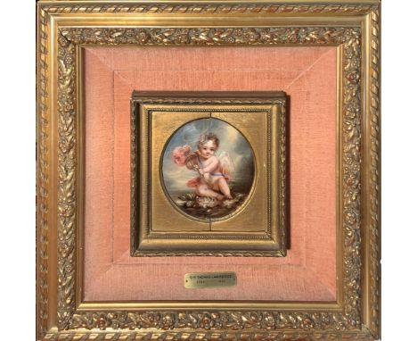 Oil painting on papier machè, allegedly by Sir Thomas Lawrence (Bristol 1769 - London 1830). Cupid with bow and arrow, 11x16.