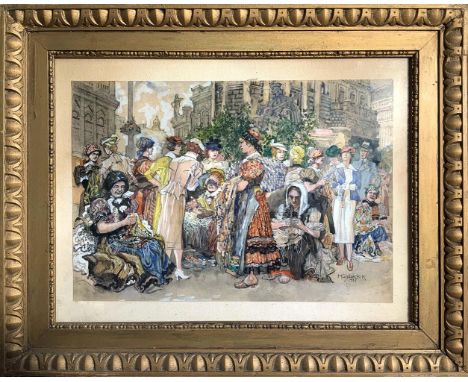 Gouache. Painter form the twentieth century. Weavers of market. Signed and dated Mühlbeck k-1937.