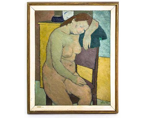 Oil painting on plywood. Alicò Giovanni (Catania 1906-1971). Nude woman (1947). 102x79, signed&nbsp;on the lower right and da