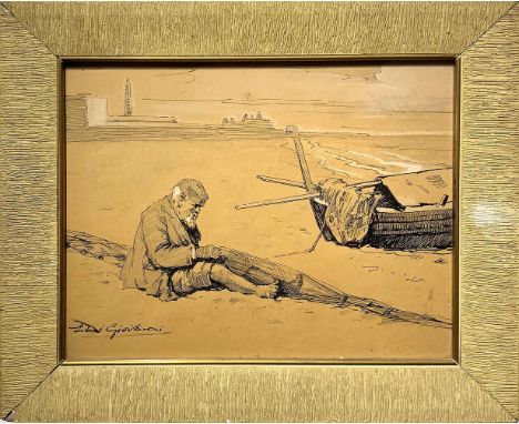 Ink drawing, gouache and white lead. Emanuele Di Giovanni (Catania, 1887 - Catania, 1979). Fisherman with nets. 24x30, mixed 