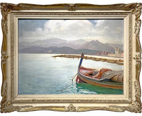 Oil painting on masonite. Emanuele Di Giovanni (Catania, 1887 - Catania, 1979). Marine landscape. 30x40. Signed on the lower 
