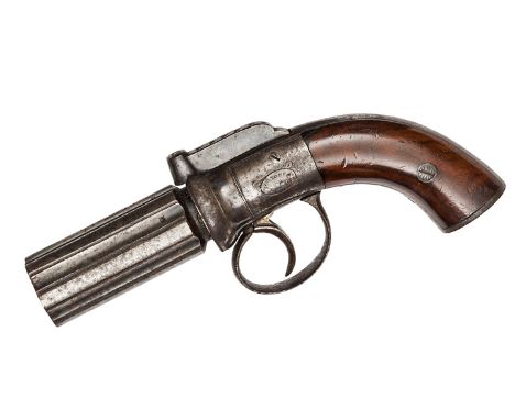 An above average 6 shot 120 bore self cocking bar hammer percussion pepperbox pistol,  8¼” overall, barrels 3” with Birmingha