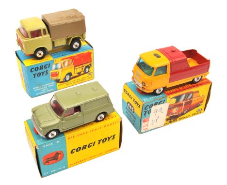 3 Corgi Toys. Austin Mini Van (450). In metallic green with red interior. A Forward Control Jeep FC-150 with detachable hood 