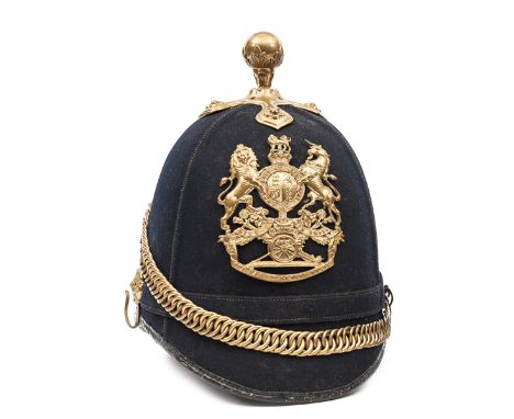 A post-1902 OR’s blue cloth ball topped helmet of The R Artillery,  brass mounts, chinchain (no backing, slightly shortened) 