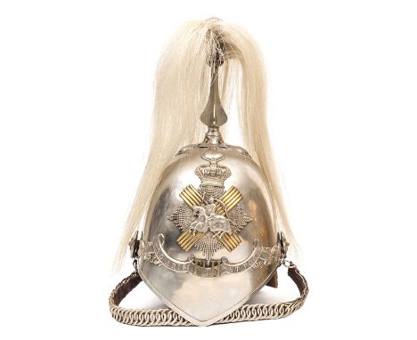 A Victorian trooper’s white metal helmet of the Fife Light Horse, with peak binding, leather backed chinchain and ear rosette