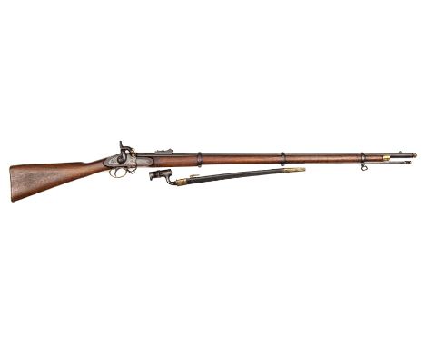 A good .577” Enfield 3 band Volunteer percussion rifle,  55” overall, barrel 39” with 3 groove rifling and Birmingham proofs;