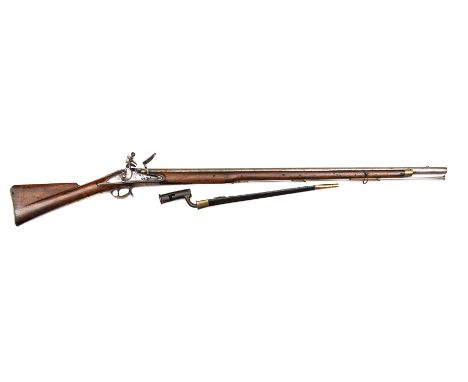 A 10 bore India pattern Brown Bess flintlock musket, 55” overall, barrel 39” with ordnance proof marks, lock bearing crowned 