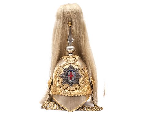A Victorian officer’s helmet of The Life Guards,  plated skull (minor dents) with gilt peak binding (cracked in places), gilt
