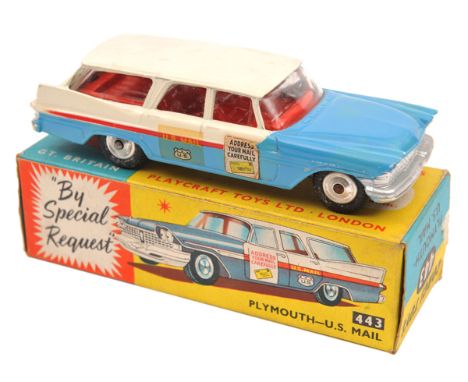 Corgi Toys Plymouth –U.S. Mail (443). In mid blue and white livery, with red interior, poster and decals to sides. Boxed, min