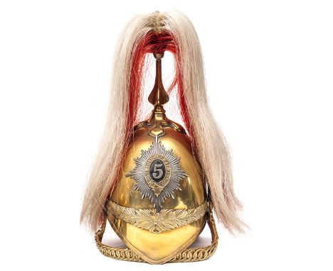 A trooper’s 1871 pattern helmet of The 5th (Princess Charlotte of Wales’s) Dragoon Guards, brass skull and peak binding with 