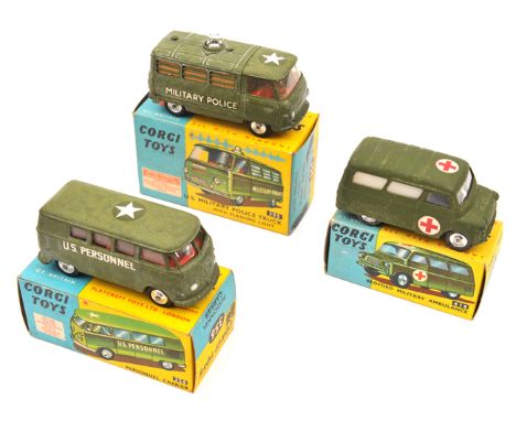 3 Corgi Toys military vehicles. U.S. Military Police Truck – With flashing light (355). Volkswagen Personnel Carrier (356). P