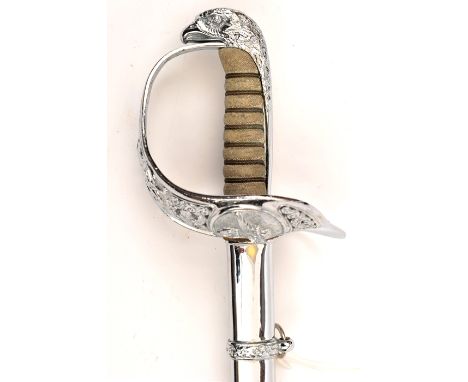 A Geo VI RAF officer’s sword,  straight fullered blade 32½”, hilt incorporating Geo VI cypher and RAF badge, in its mounted l
