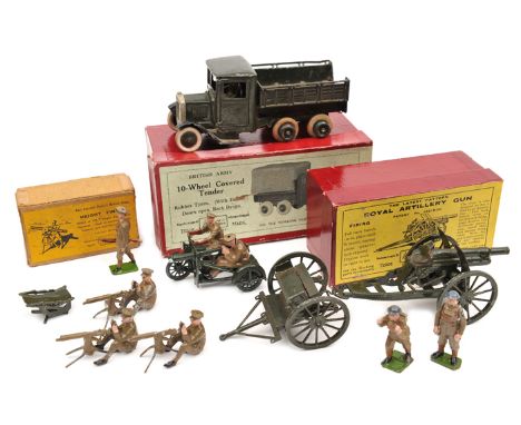 A small quantity of Britains military items. 10-Wheel Covered Tender No. 1432. With driver, but rear tilt and 4 tyres missing