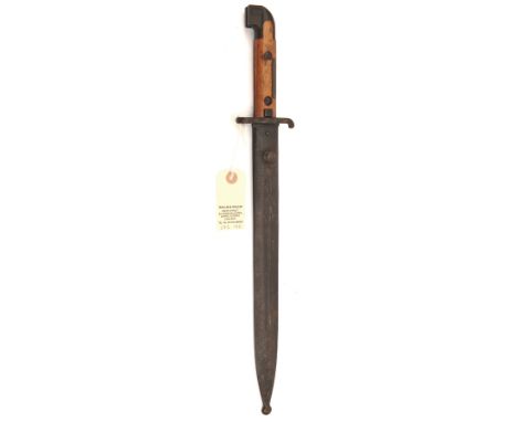 A Swedish M1914 bayonet,  for the 1894/14 6.5mm Mauser carbine, in its steel scabbard, the wooden grip with brass plaque mark