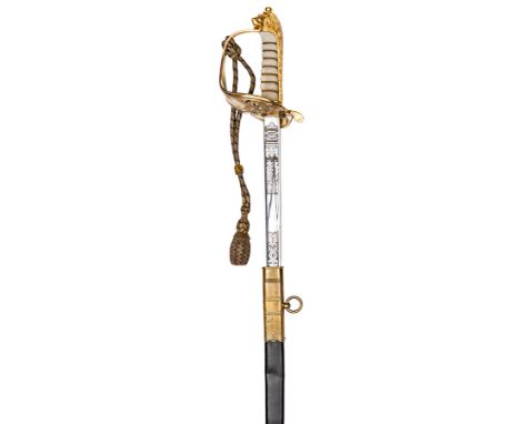 An ERII Royal Naval officer’s sword,  straight shallow fullered blade 31”, by Wilkinson, no 110350 on backstrap, etched with 