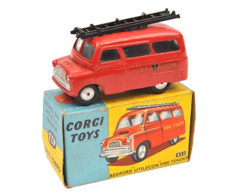 Corgi Toys Bedford “Utilecon” Fire Tender (423). In red with detachable two piece metal ladder to roof, “Fire Dept” to sides,