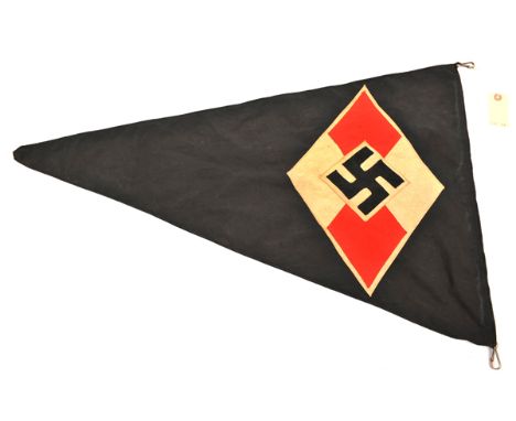 A Hitler Youth triangular pennant 20” x 30”, of black double thickness cloth, overlaid on one side with Hitler Youth device, 