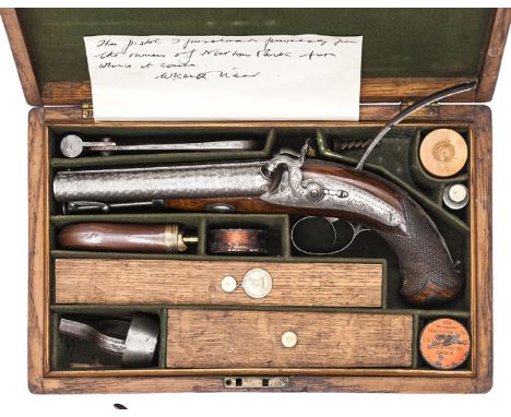 A fine cased mid 19th century double barrelled 14  bore officer’s percussion howdah pistol, by Trulock & Son, Dublin, 12½” ov