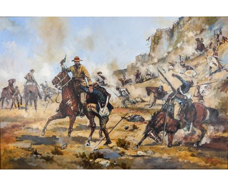 An oil painting on canvas of Lt. Colonel Redvers-Buller rescuing a fellow officer from Zulu Warriors at the battle of Mount H