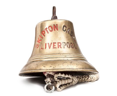 A ship’s brass bell from the screw steamer “Skipton Castle”, incised name, the letters painted black/red, diameter 11½”, with