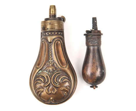 An embossed copper pistol flask “Panel” (R 447), 4¼” overall, with common top. GO & C; and a reproduction miniature bag shape