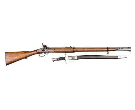 A .577” Enfield 2 band Volunteer percussion rifle,  49” overall, barrel 33” with 5 groove rifling, Birmingham proofs and bayo