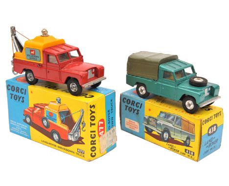 2 Corgi Toys. Land Rover  109" W.B. (438). In metallic green with dark green rear tonneau and yellow interior, dished spun wh