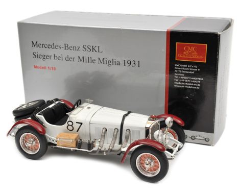 CMC 1:18 scale Mercedes-Benz SSKL “Sieger bei der Mille Miglia 1931”. In white with maroon mudguards, RN 87. A fully detailed