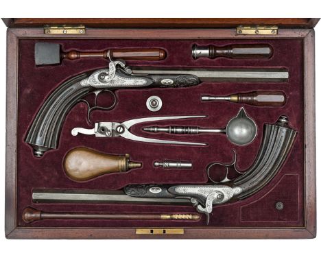 A pair of French 38 bore percussion duelling pistols, 15¾” overall, sighted rifled octagonal barrels 10¼”, the breeches and b
