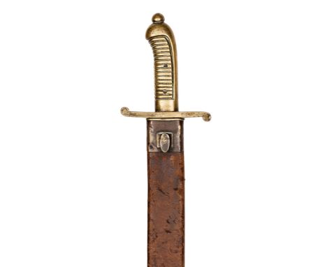 A Saxony M1845 brass hilted Artillery hanger, slightly swollen single edged blade 19”, with hatchet point, stamps at forte, h