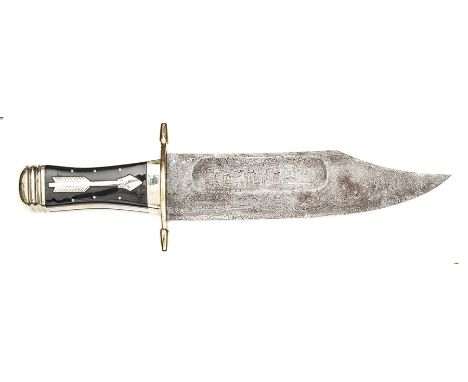 A massive modern bowie knife, etched imitation Damascus blade 12” x 3” with broad shallow fuller panels, the heavy hilt with 
