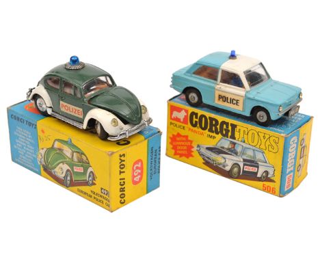 2 Corgi Toys. Volkswagen European Police car (492). In dark green and white Polizei livery. Plus a Police Panda Imp (506) in 