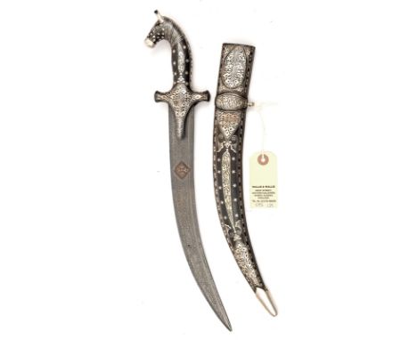 A modern Indian bazaar dagger,  curved, etched imitation damascus blade, 12”, with small gold quatrefoil panel on one side, s