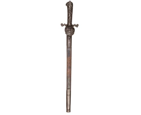 A mid 19th century German hunting sidearm, single edged, fullered blade 17”, blackened cast iron hilt with turn down shell gu