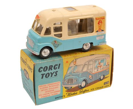 Corgi Toys Smith’s Mister Softee Ice Cream Van (428). In light blue and cream livery. Boxed, some fading. Contents VGC very m