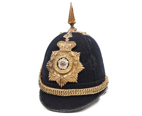 An OR’s blue cloth spiked helmet of The York & Lancaster Regt,  brass mounts, leather backed chinchain and ear rosettes, Vic 