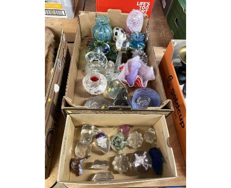 Two boxes of art glassware; to include paperweights, red striped handkerchief base, Caithness glass and Mdina glass