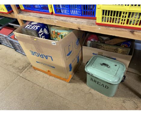 Shelf of assorted to include vintage tins and an enamel bread bin