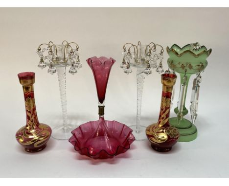 A cranberry glass epergne vase, 30cm H, a single green glass table lustre and other glassware to include a pair of Bohemian g