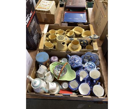 Two boxes of assorted tableware, to include Kiln Craft pottery, Ringtons, Midwinter patterned tea ware, an iridescent glass a