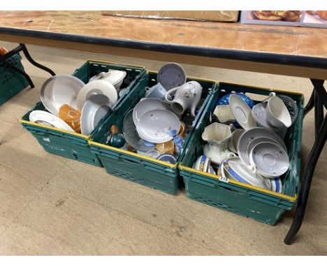 Three boxes of Royal Doulton Frost Pine patterned dinnerware, Wedgwood Jasperware, Maling lustreware and other crockery
