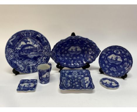 Seven pieces of Maling North East Coast Exhibition, Newcastle Upon Tyne, May 1929 blue and white ware, to include a Chairman 