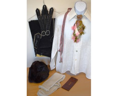 A men's Bavarian lederhosen outfit, comprising a MMM Glorette cream linen-blend shirt, size 41, genuine suede leather black k