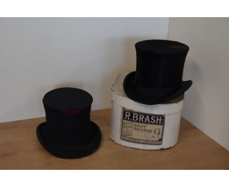 Two antique top hats, a 1910s R. Brash of Lancaster. squire/high top hat in all black silk, in good condition for its age, in