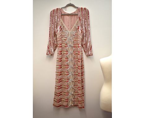 A one-off sample embellished evening dress.  Dusty pink crepe embellished throughout with iridescent sequins, silver bugle be
